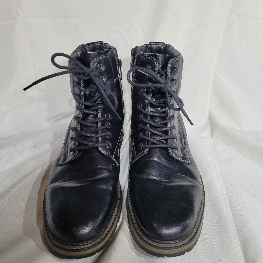 Harrison Myles Mens Black Biker Boot Sz 12 Laces And Side Zip Seam Stitching